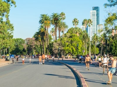 People enjoying outdoor activities on a palm tree lined street in Buenos Aires, Argentina