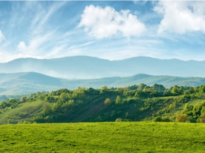 Panorama of grassy hills in Romania