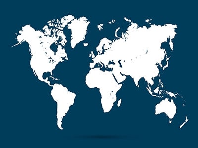 World map illustration on blue background