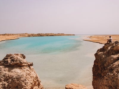 Panoramic view of inlet and hills, Ras Mohammed Park, Egypt