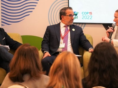 People at a conference panel event