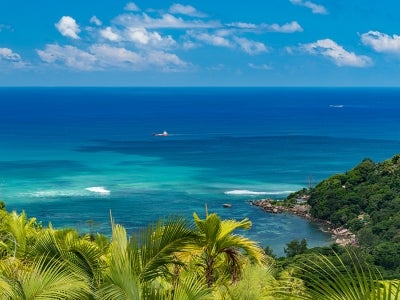 Landscape view of ocean from Praslin Island, Seychelles