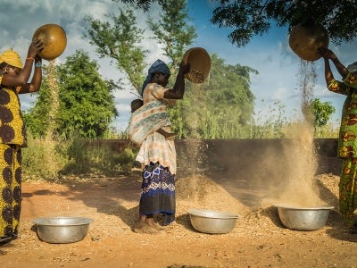 Women in colorful dresses outside pouring grains into bowls on the ground