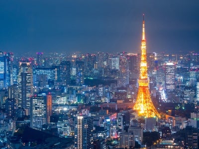 Aerial view over Tokyo tower and Tokyo cityscape view from Roppongi Hills at night in Tokyo at Japan