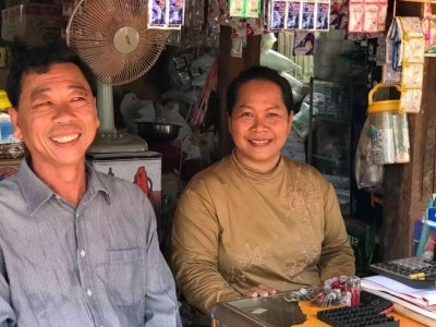 Polyvann and Chinda at their store in Boeng Preav village, Koh Krong. 