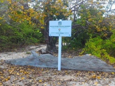 Sign posted in sandy area with trail visible alongside it and large fallen tree trunk behind.