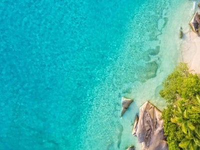 Aerial view of coastal area in Seychelles with turquoise water on left and beach on right. Photo: Jag_cz/Shutterstock.