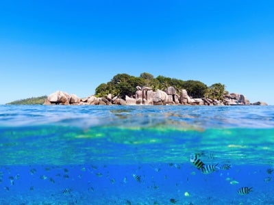 Under and above water photo of small island in Seychelles. Photo: BlueOrange Studio/Shutterstock.