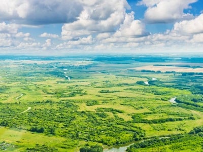 Aerial view of green landscape with cloudy skies above