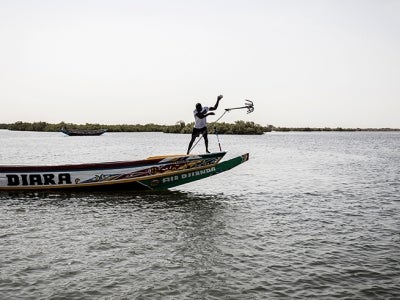 A man anchors his boat along the mangroves of the Saloum delta in Senegal