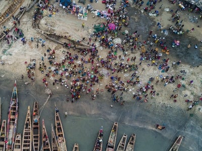 Drone view of artisanal fishing port Koukoude, prefecture of Boffa, Guinea