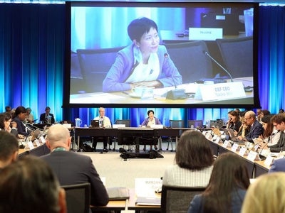 56th GEF Council meeting with CEO Naoko Ishii on a large screen
