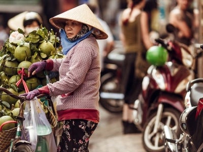 A Vietnamese woman sells coconuts on a street in Ho Chi Minh City