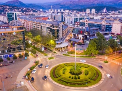 Aerial view of a traffic circle in Podgorica, Montenegro