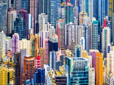 Dense cityscape of Hong Kong highrise buildings