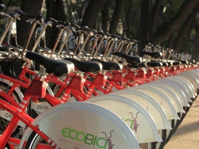A row of bicycles from EcoBici in the Reforma Avenue in Mexico City
