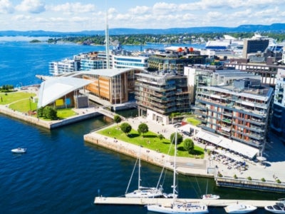 Oslo harbor at the Aker Brygge neighbourhood in Oslo