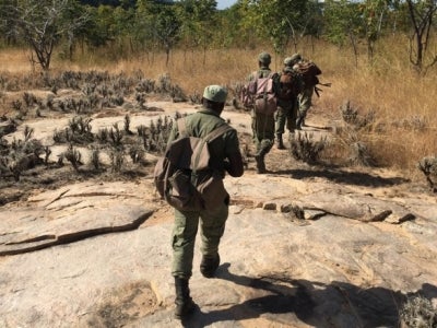 Park rangers in Mozambique marching