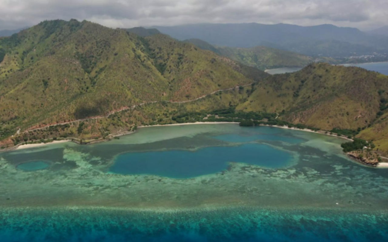 Aerial view of Timor-Leste with ocean in foreground