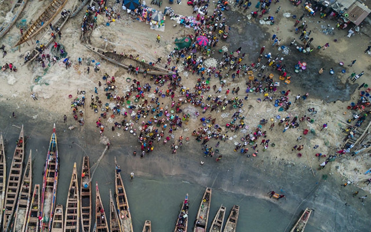 Drone view of artisanal fishing port Koukoude, prefecture of Boffa, Guinea