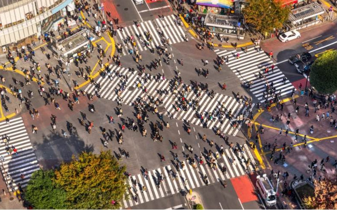 Tokyo, Japan view of Shibuya Crossing, one of the busiest crosswalks in the world.