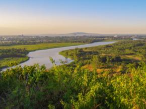 Scenic evening view of the Blue Nile river, Bahir Dar and Lake Tana in the background. Ethiopia, Amhara Region