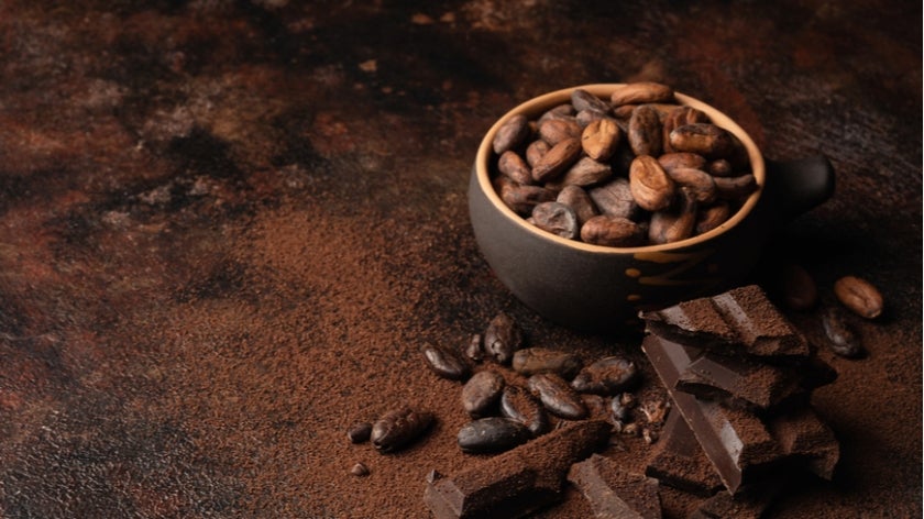 Cocoa powder in bowl near cocoa beans and broken chocolate on black background