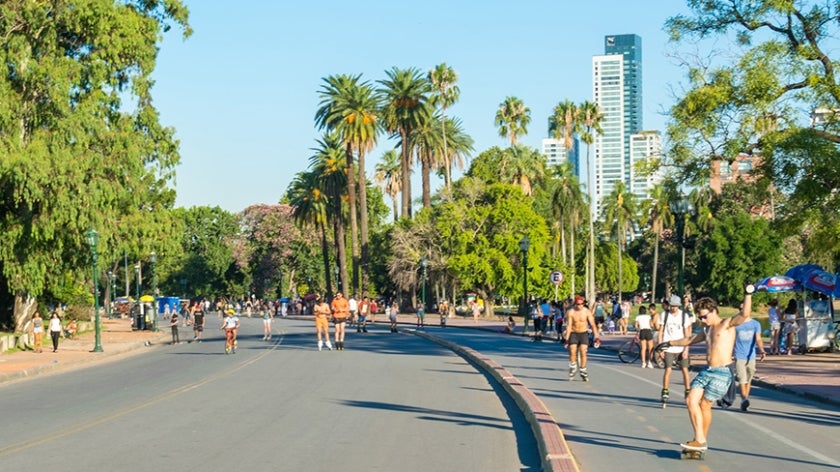 People enjoying outdoor activities on a palm tree lined street in Buenos Aires, Argentina