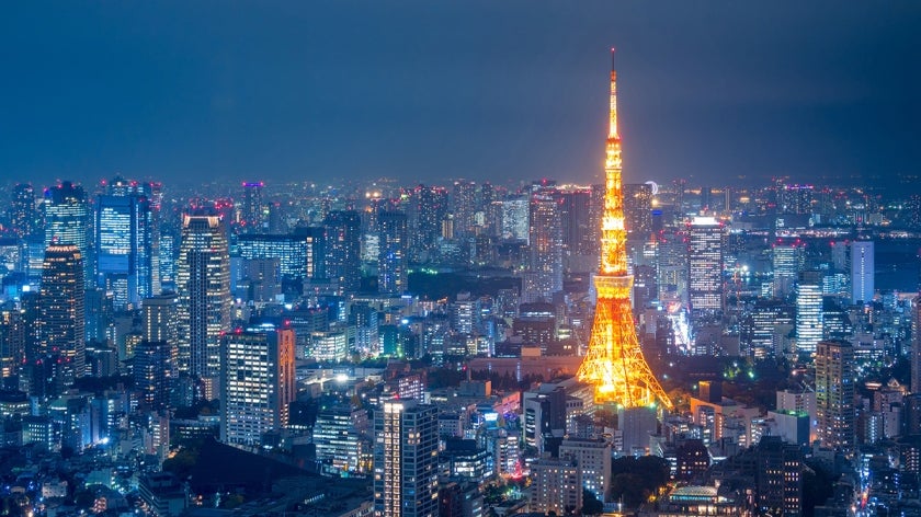 Aerial view over Tokyo tower and Tokyo cityscape view from Roppongi Hills at night in Tokyo at Japan