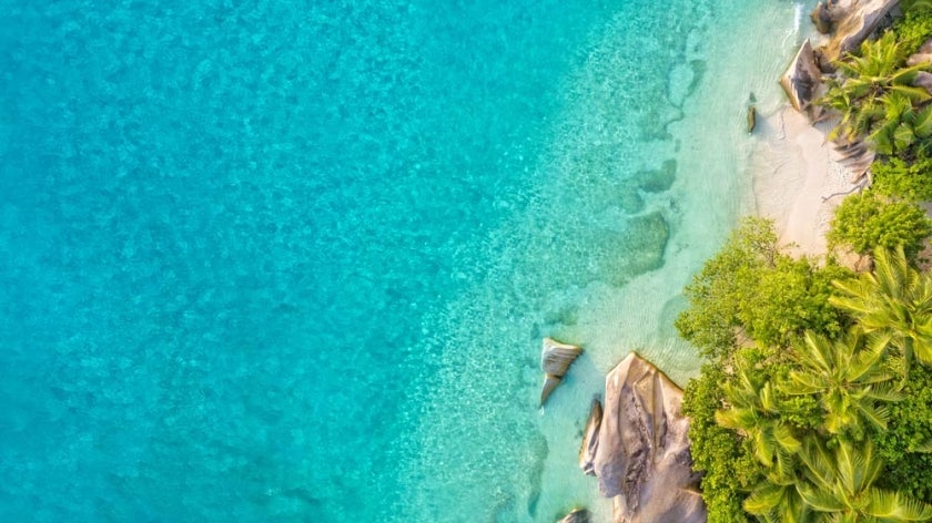 Aerial view of coastal area in Seychelles with turquoise water on left and beach on right. Photo: Jag_cz/Shutterstock.