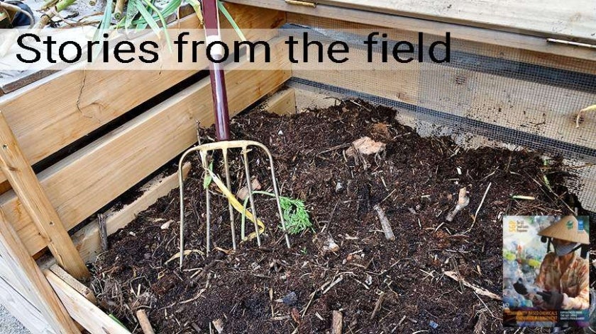 Compost pile with pitchfork tool