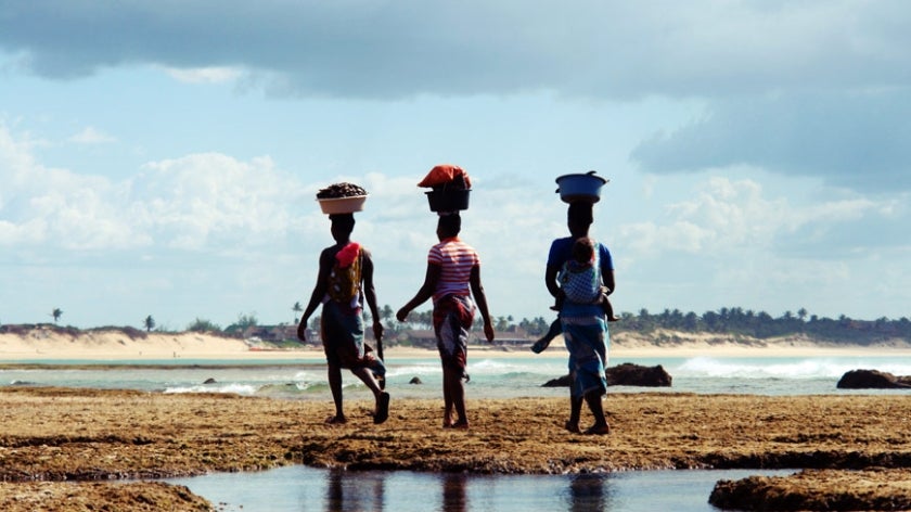 Mozambique women carrying basket on the head and baby behind the back walking home after looked for mussels at Tofo beach, Mozambique. Photo: Aostojska/Shutterstock.