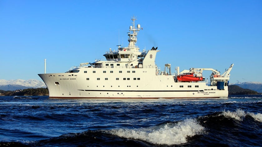 Dr. Fridtjof Nansen ship side view at sea. Photo: FAO.