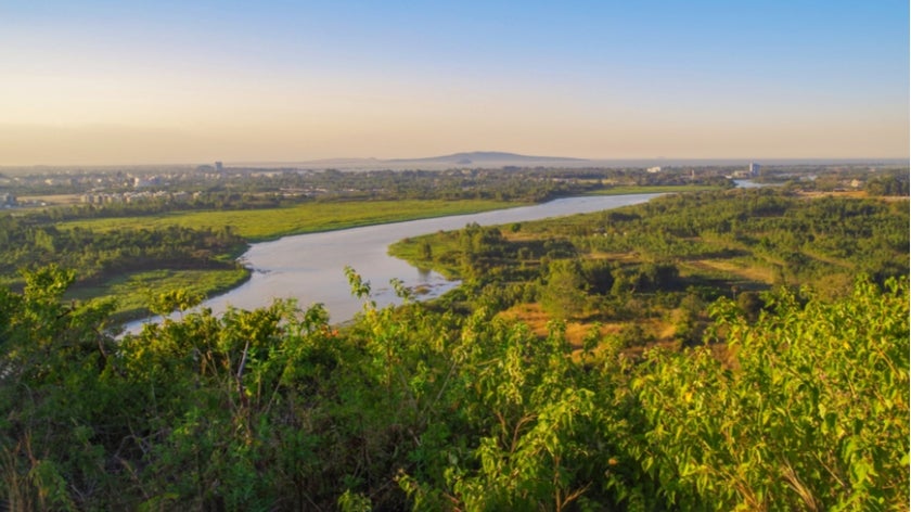 Scenic evening view of the Blue Nile river, Bahir Dar and Lake Tana in the background. Ethiopia, Amhara Region