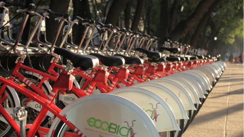 A row of bicycles from EcoBici in the Reforma Avenue in Mexico City