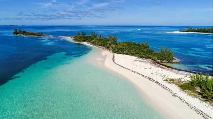 Aerial shot of bay and beach in Abaco, Bahamas